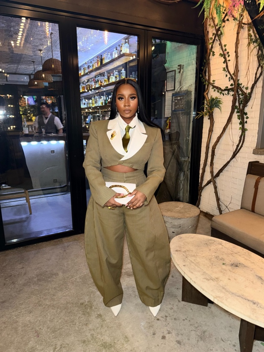 Olive Pinstripe High-Waist Wide-Leg Pants — Tailored Women's Trousers